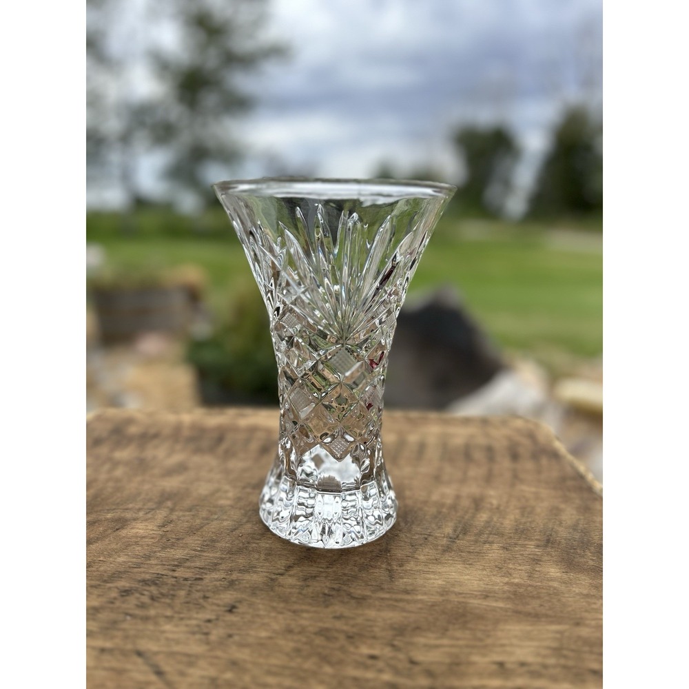 Vintage Cut Crystal Vase 9" Heavy Diamond Starburst Fan Pattern Flared Rim